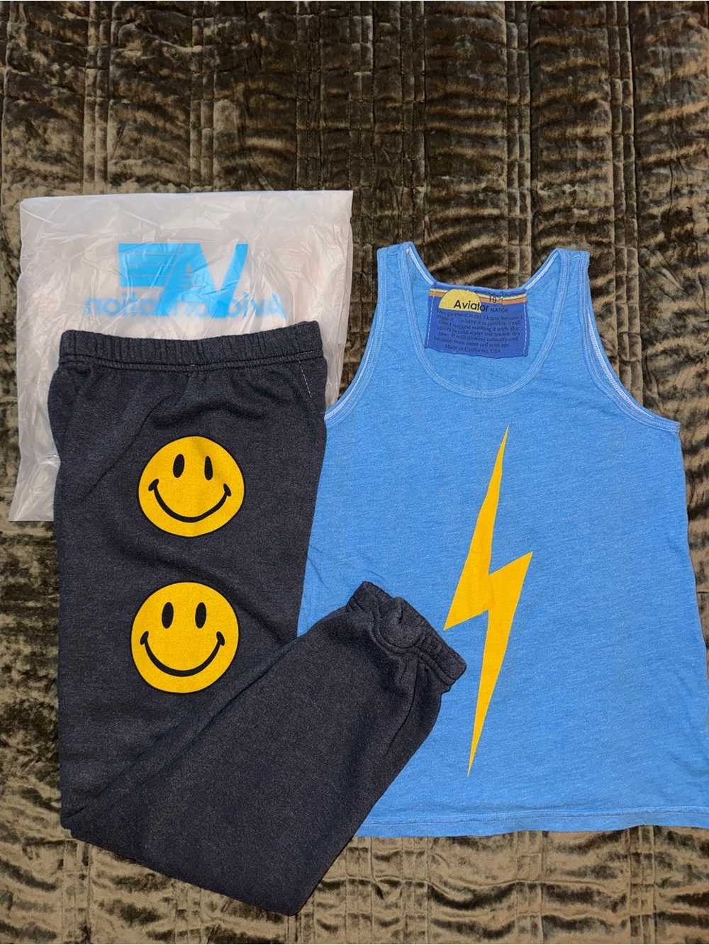 Kids Aviator Nation Blue Tank with Yellow Lightning and Navy Happy Face Joggers